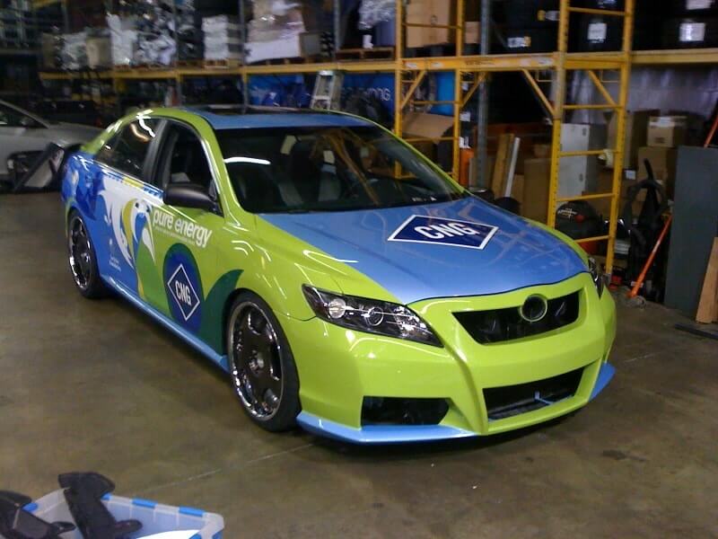 CNG green and blue color with a logo. Vehicle wrap done by Venbea imaging in Santa Ana, CA.